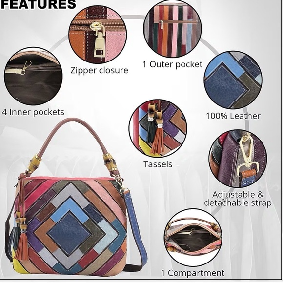 NWT CHAOS By Elsie Multi Color Solid Genuine Leather Rhombus Pattern Tote Bag - Picture 5 of 13